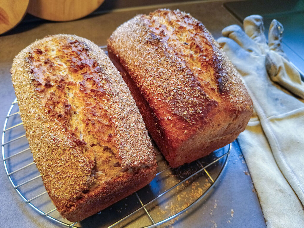 Zwei Krustenbrote frisch aus dem Ofen.