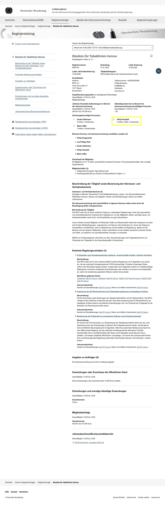 Screenshot Lobbyregister Screenshot Lobbyregister
